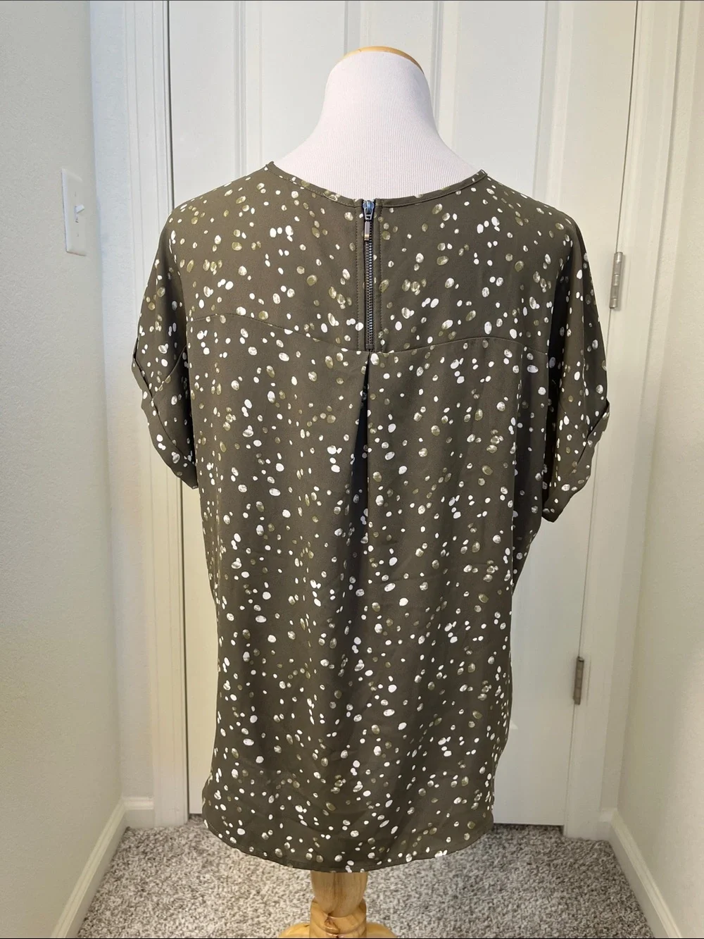 Maurices Olive Green Short Sleeve Blouse with White Dot Print - Picture 2 of 5